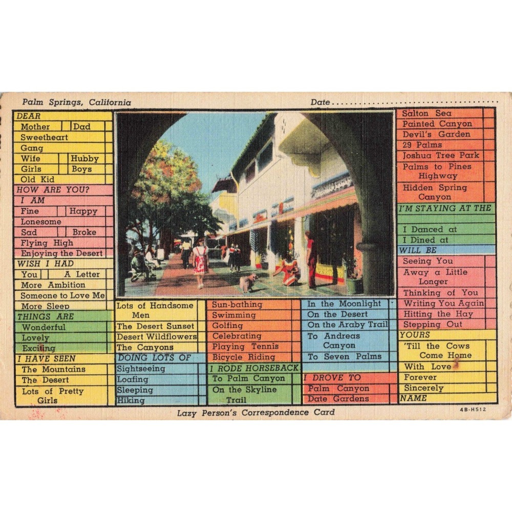 Vintage 1947 Palm Springs California Lazy Person Correspondence Linen Postcard - Picture 1 of 2